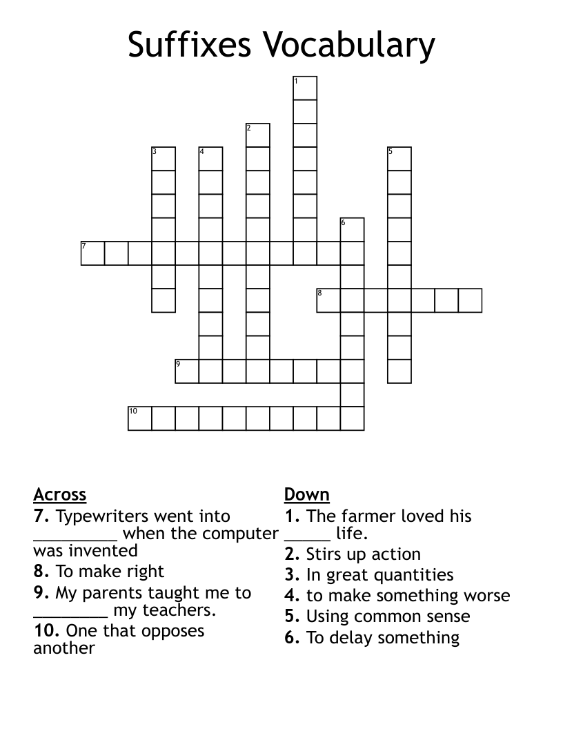Suffixes Vocabulary Crossword