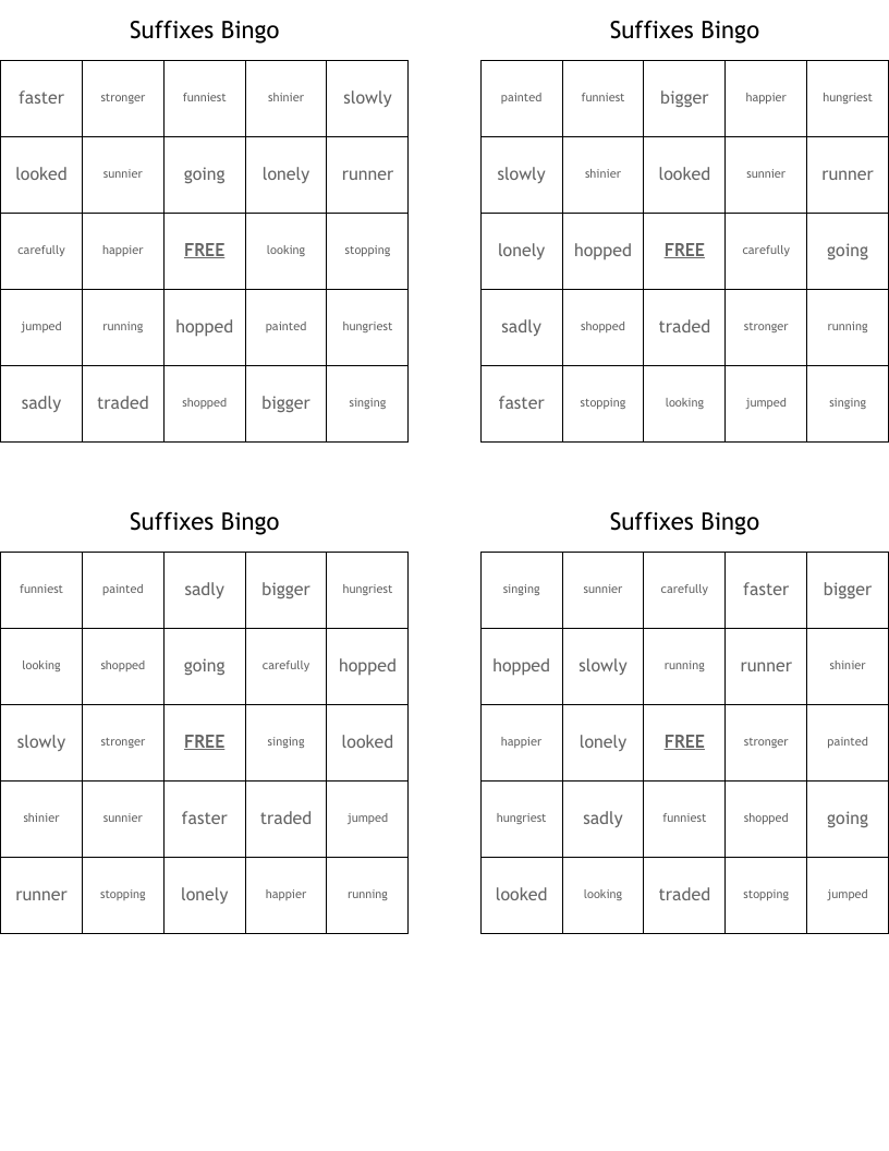 Suffixes  Bingo