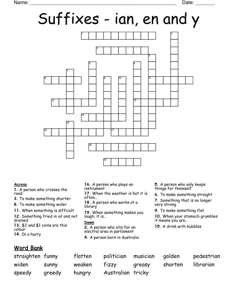 Suffixes - ian, en and y Crossword