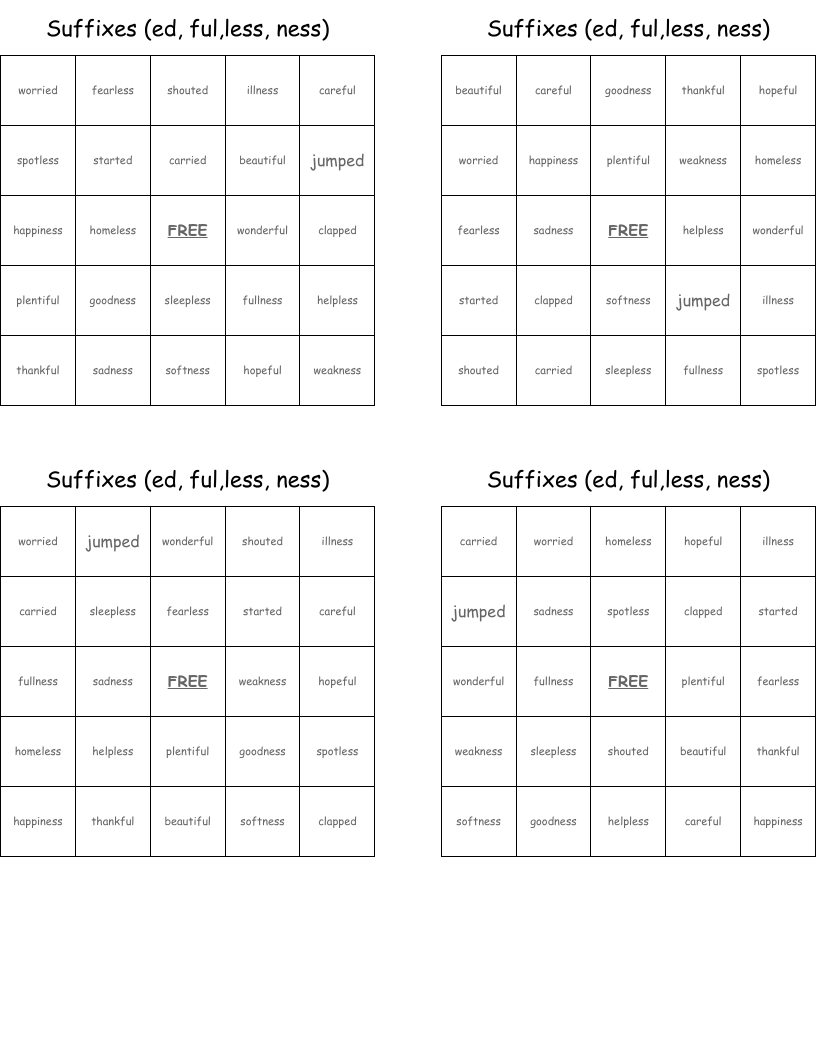 Suffixes (ed, ful,less, ness) Bingo Cards