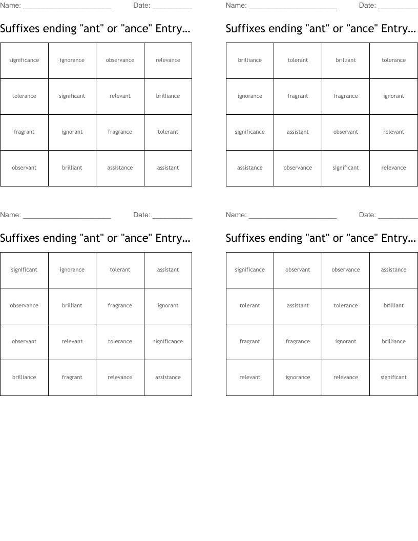Suffixes ending "ant" or "ance" Entry Level 3 Bingo Cards
