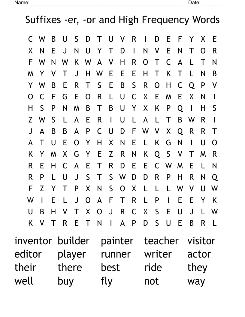 Suffixes -er, -or and High Frequency Words Word Search