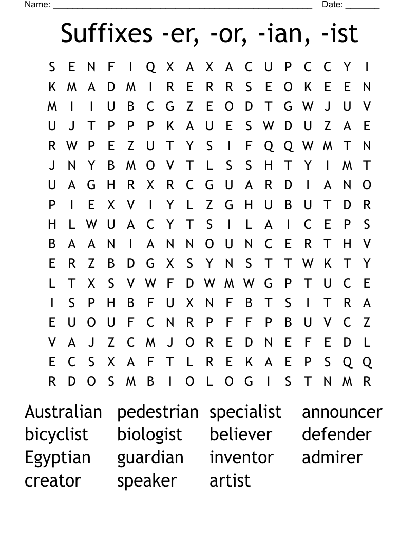 Suffixes -er, -or, -ian, -ist Word Search