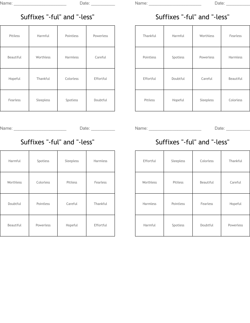 Suffixes "-ful" and "-less" Bingo Cards