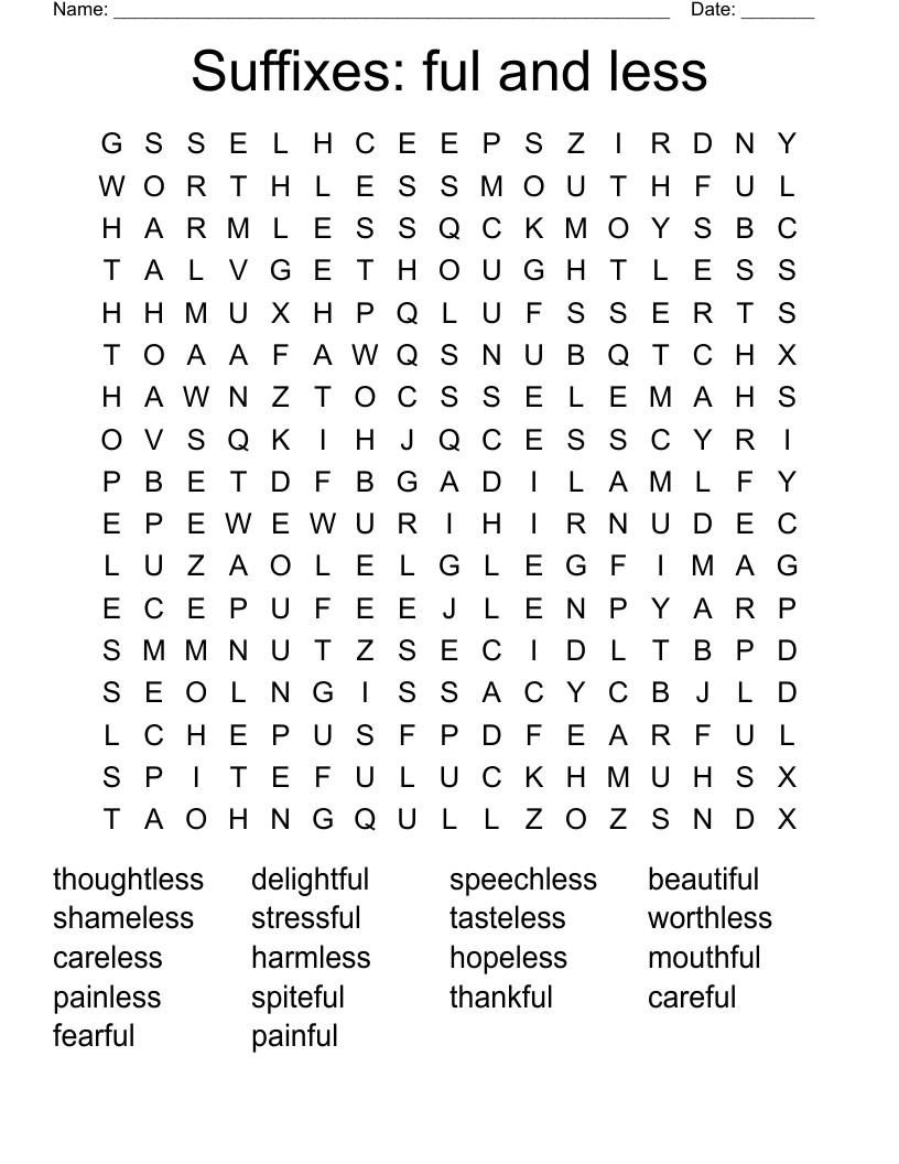 Suffixes: ful and less Word Search