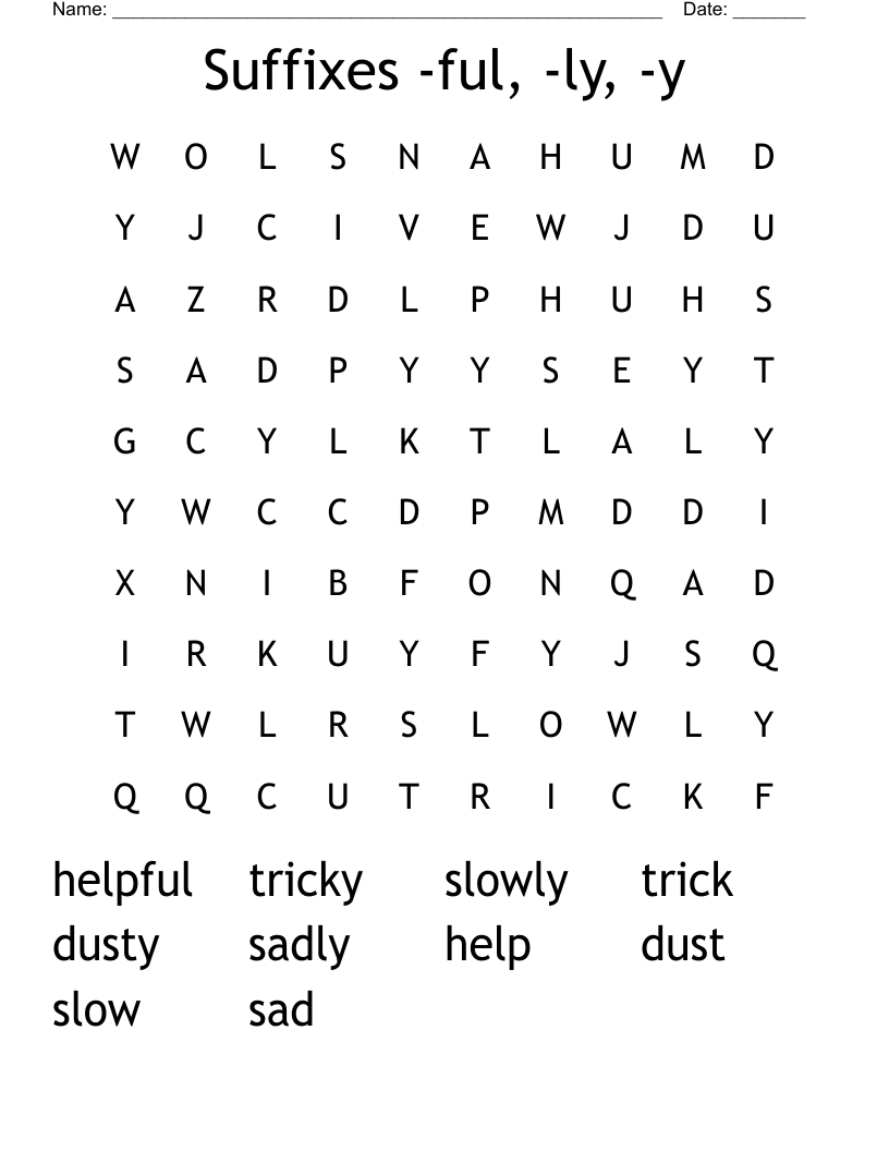 Suffixes -ful, -ly, -y Word Search