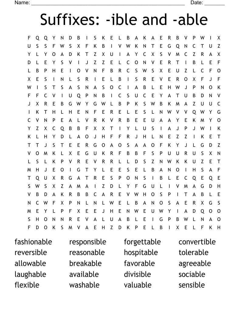 Suffixes: -ible and -able Word Search