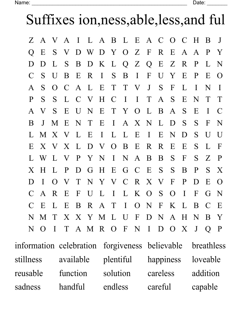 Suffixes ion,ness,able,less,and ful Word Search