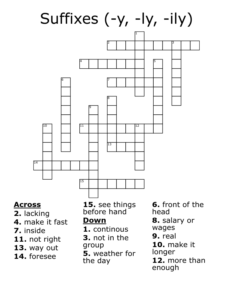 Suffixes (-y, -ly, -ily) Crossword