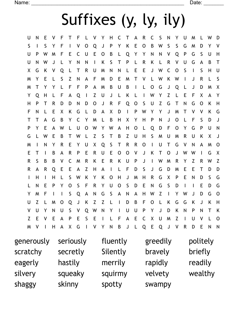 Suffixes (y, ly, ily) Word Search
