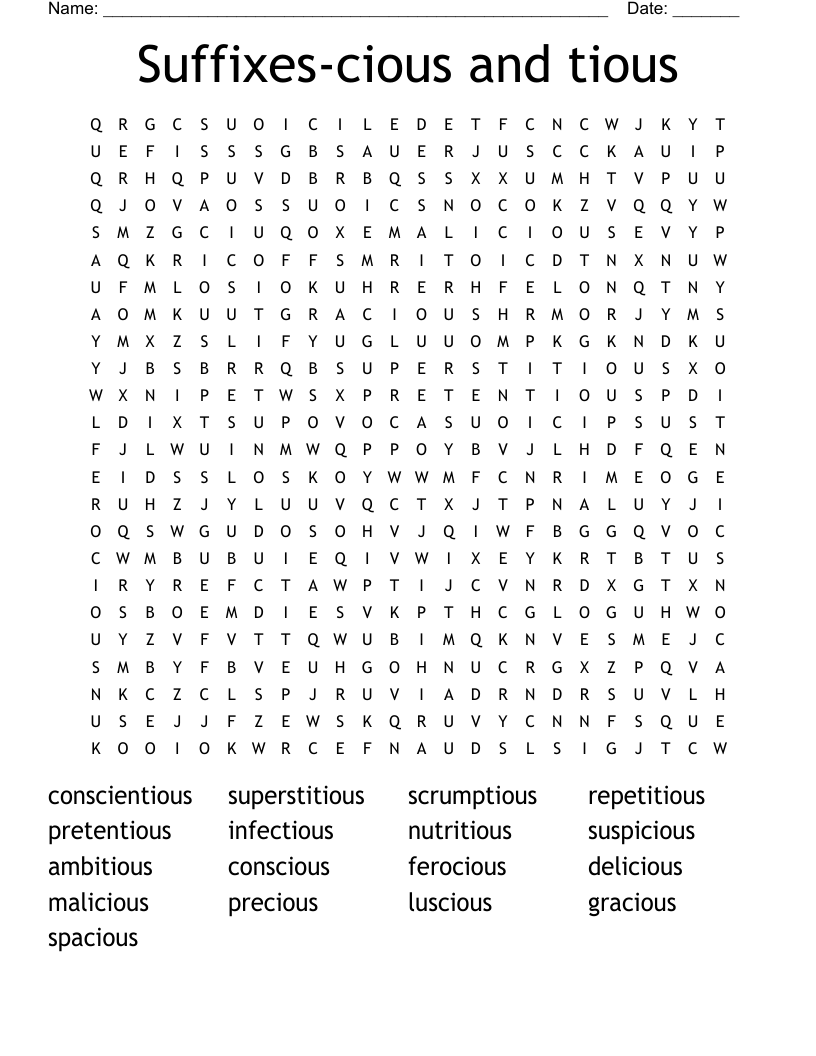 Suffixes-cious and tious Word Search