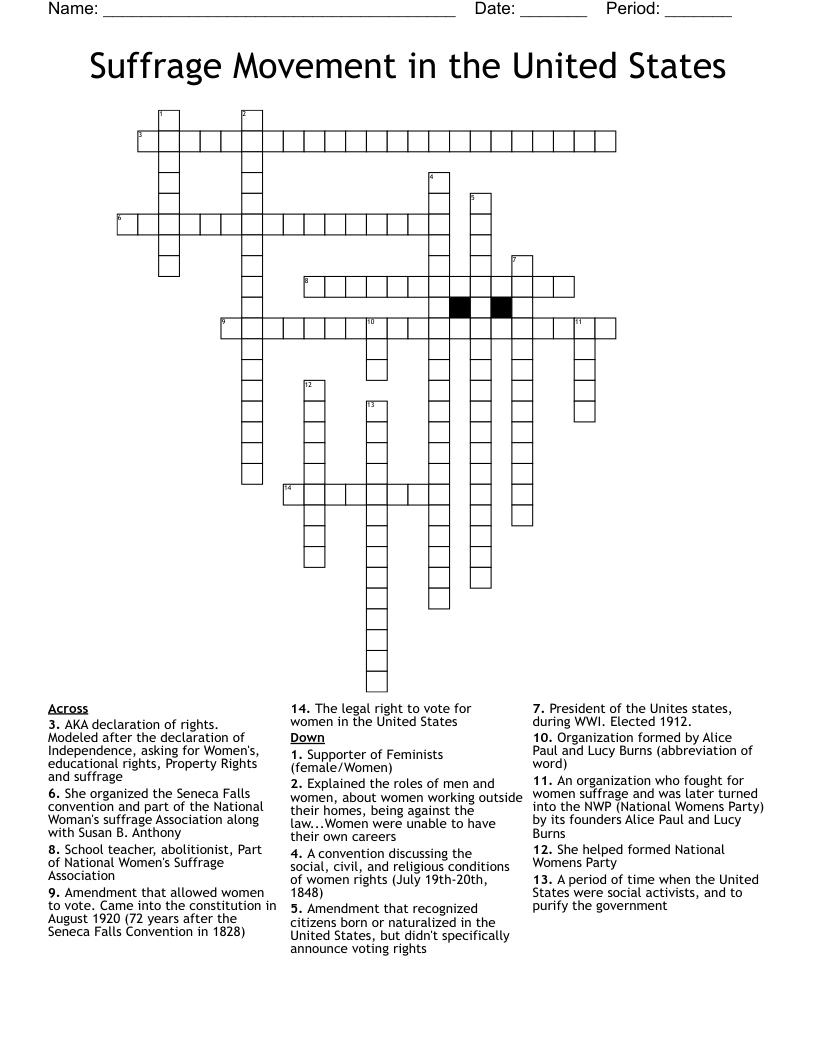 Suffrage Movement in the United States  Crossword