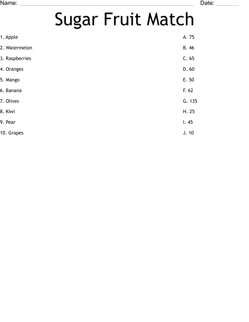 Sugar Fruit Match Worksheet