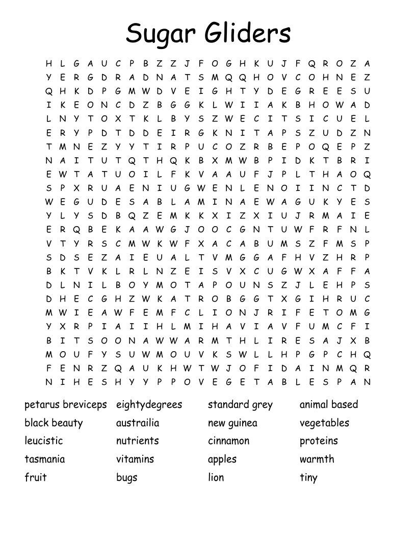 Sugar Gliders Word Search