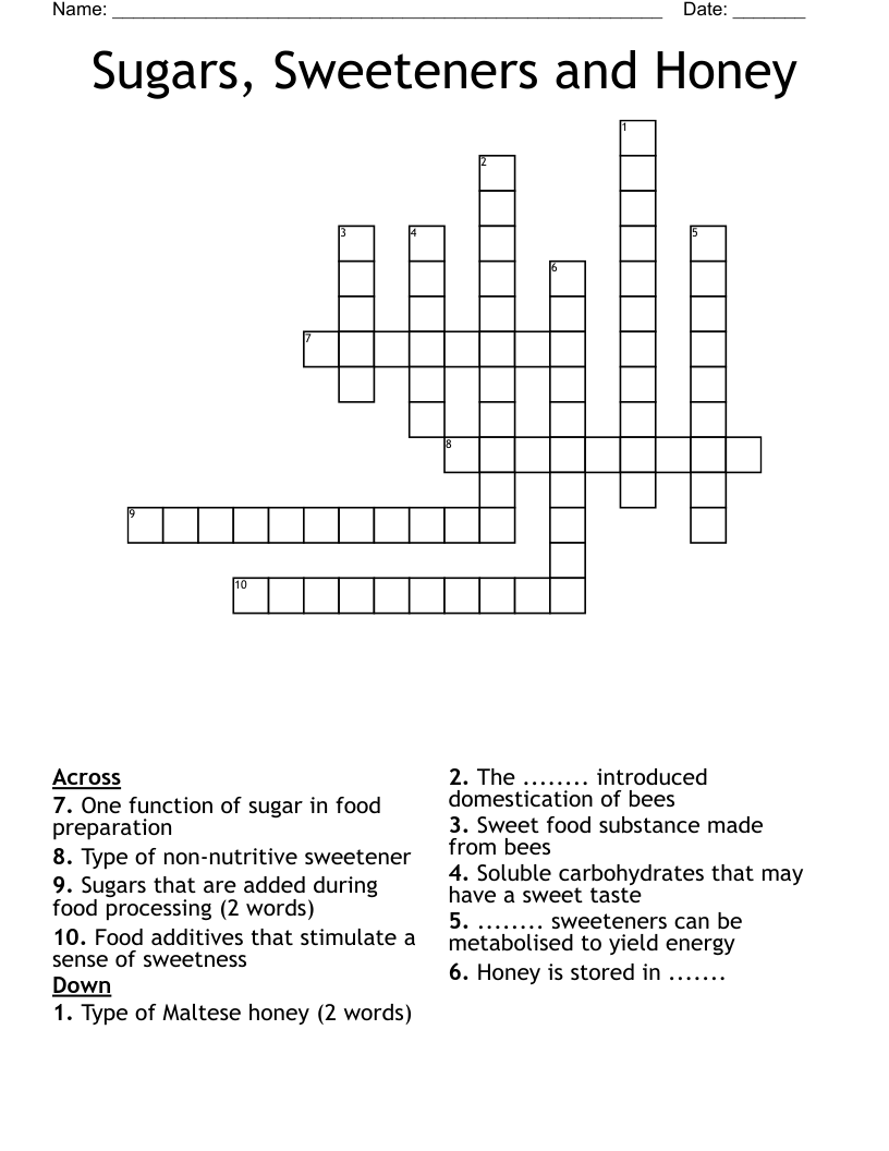 Sugars, Sweeteners and Honey Crossword