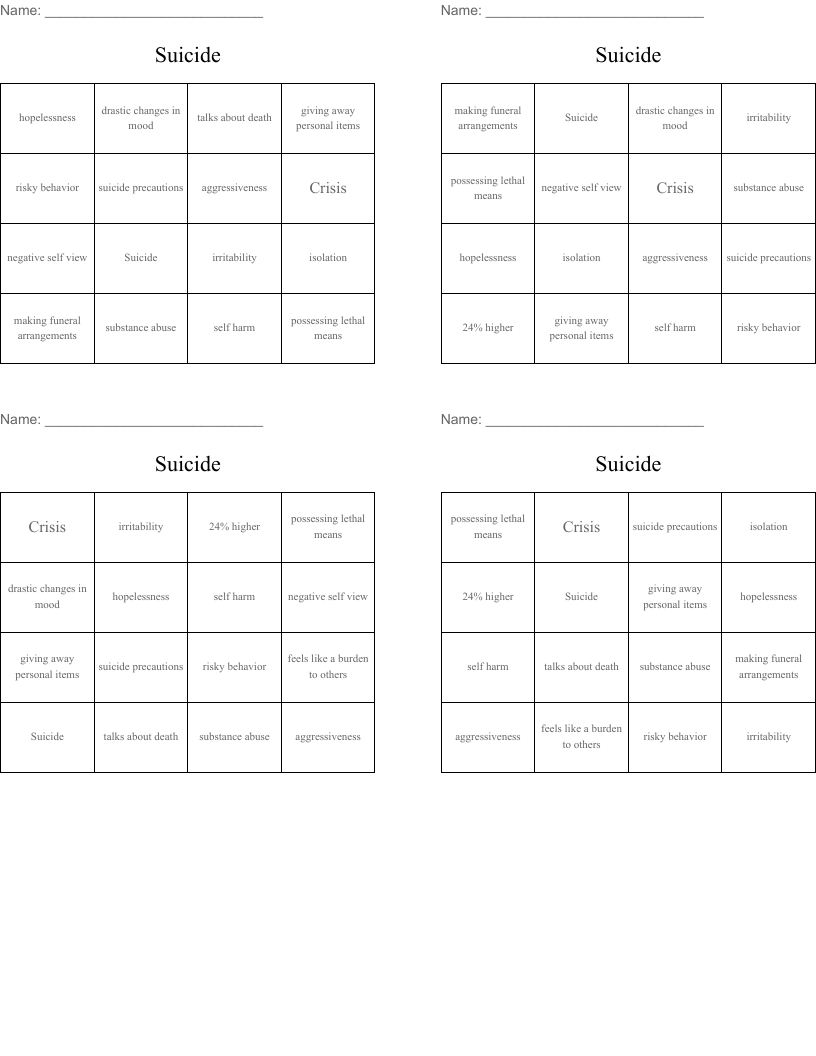 Suicide Bingo Cards