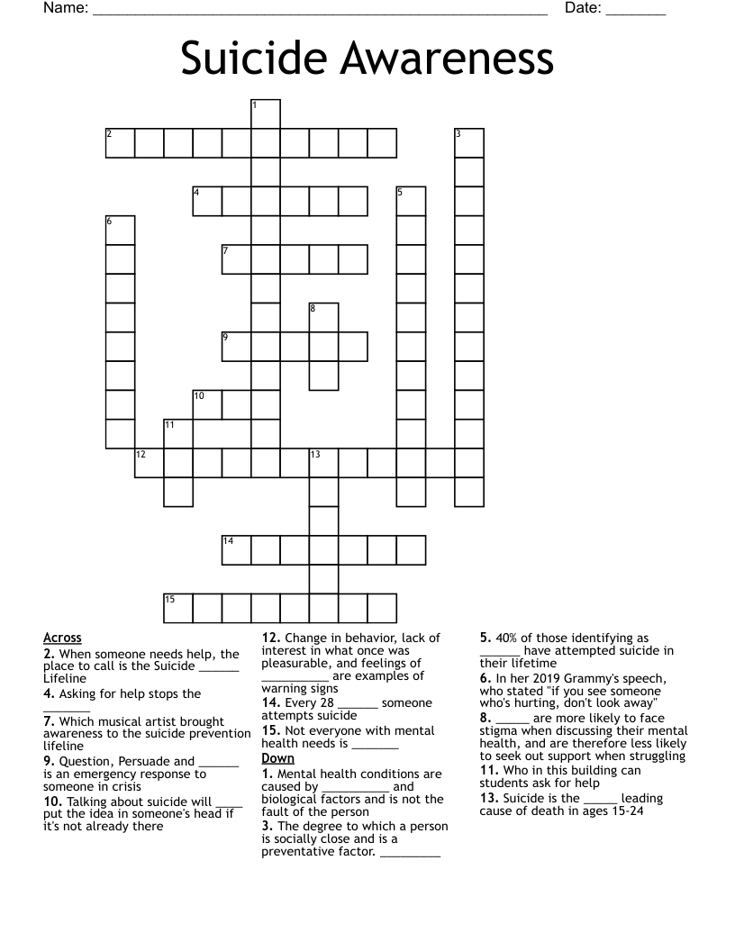 Suicide Awareness Crossword
