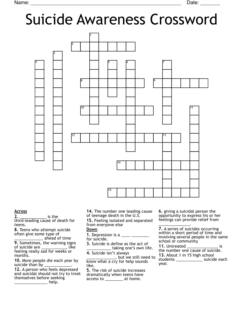 Suicide Awareness Crossword