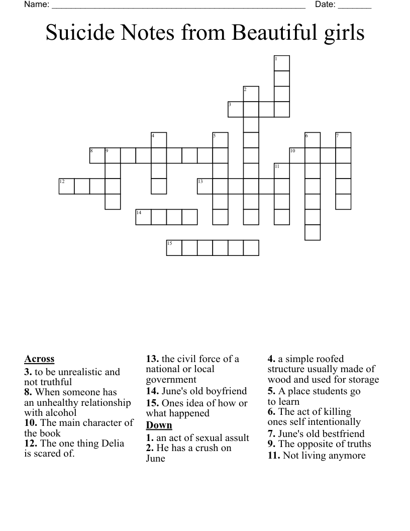 Suicide Notes from Beautiful girls  Crossword