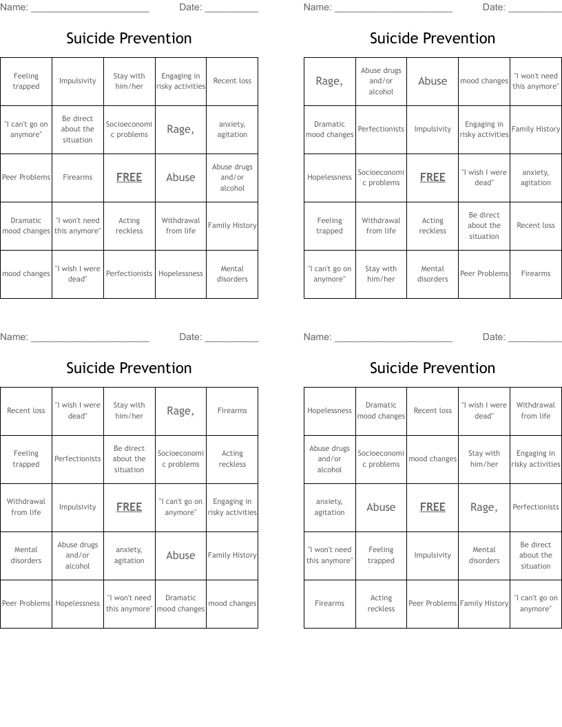 Suicide Prevention  Bingo Cards