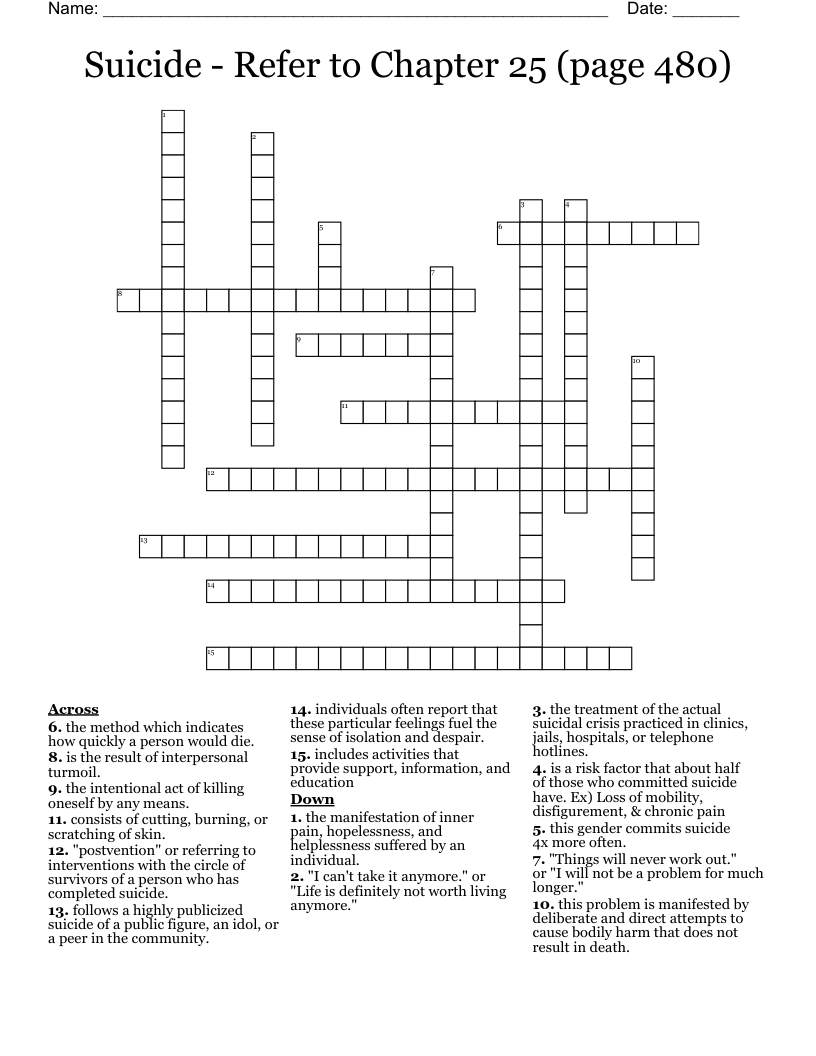 Suicide - Refer to Chapter 25 (page 480) Crossword