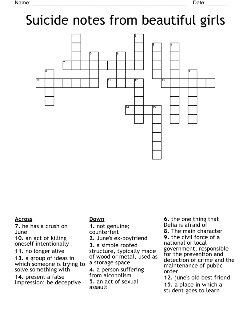 Suicide notes from beautiful girls Crossword