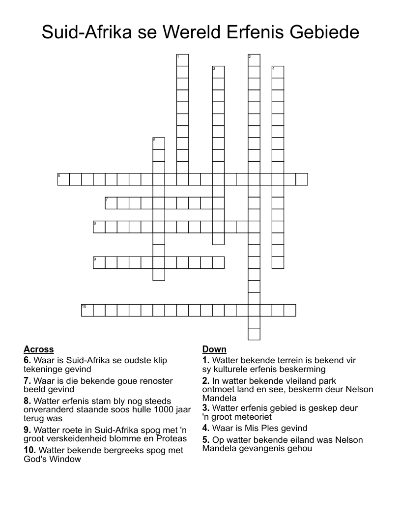 Suid-Afrika se Wereld Erfenis Gebiede Crossword