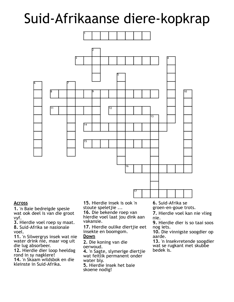Suid-Afrikaanse diere-kopkrap Crossword
