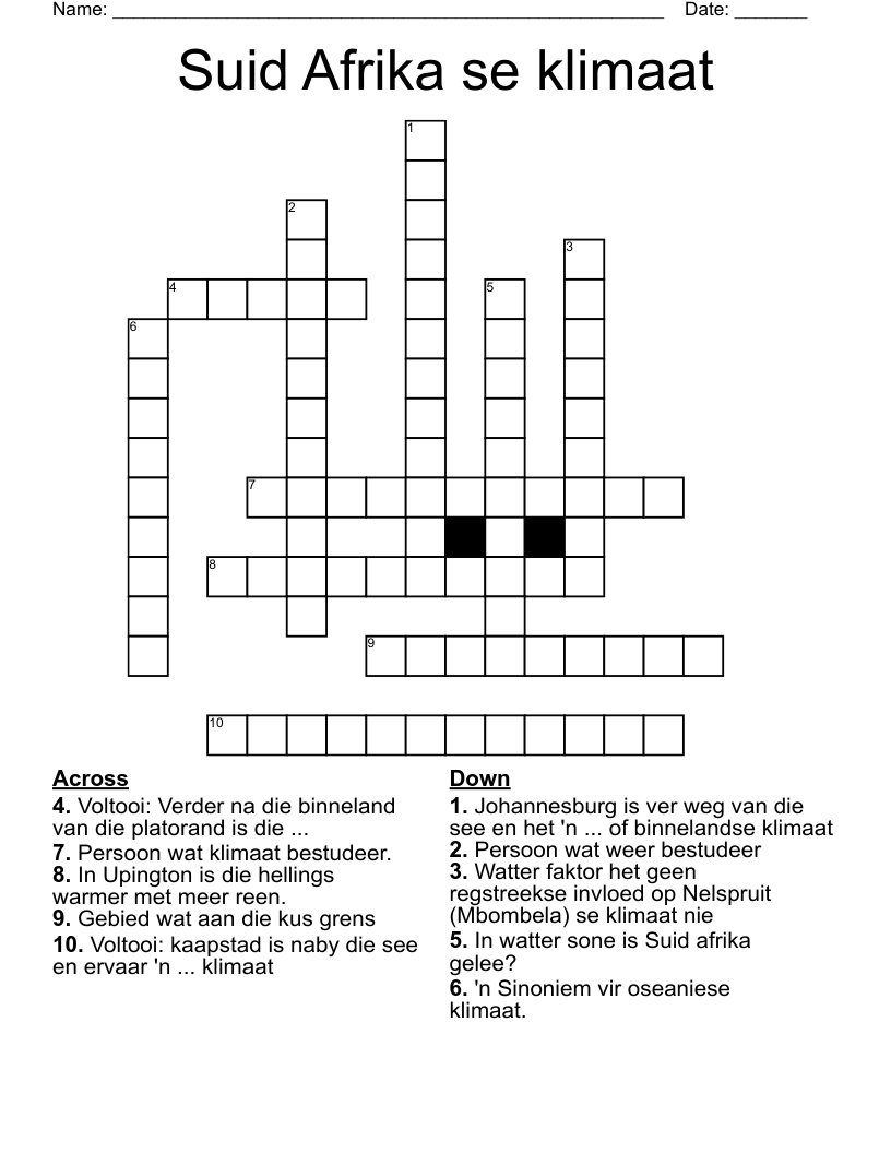 Suid Afrika se klimaat Crossword