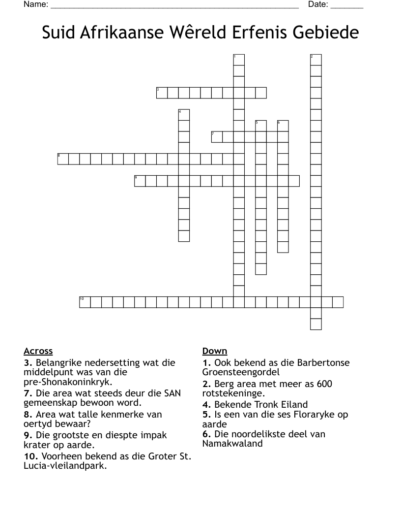 Suid Afrikaanse Wêreld Erfenis Gebiede Crossword