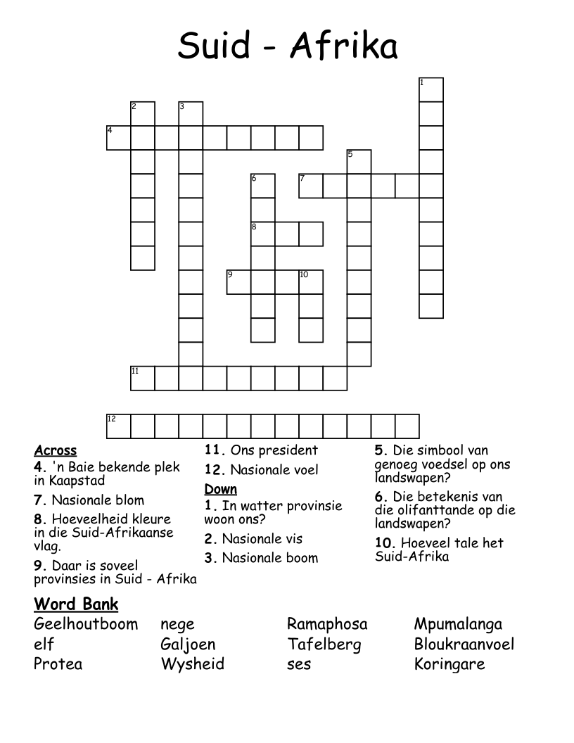 Suid - Afrika Crossword