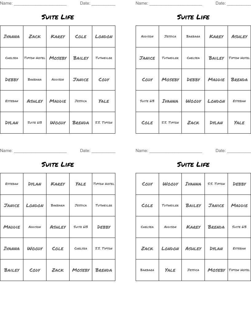 Suite Life Bingo Cards