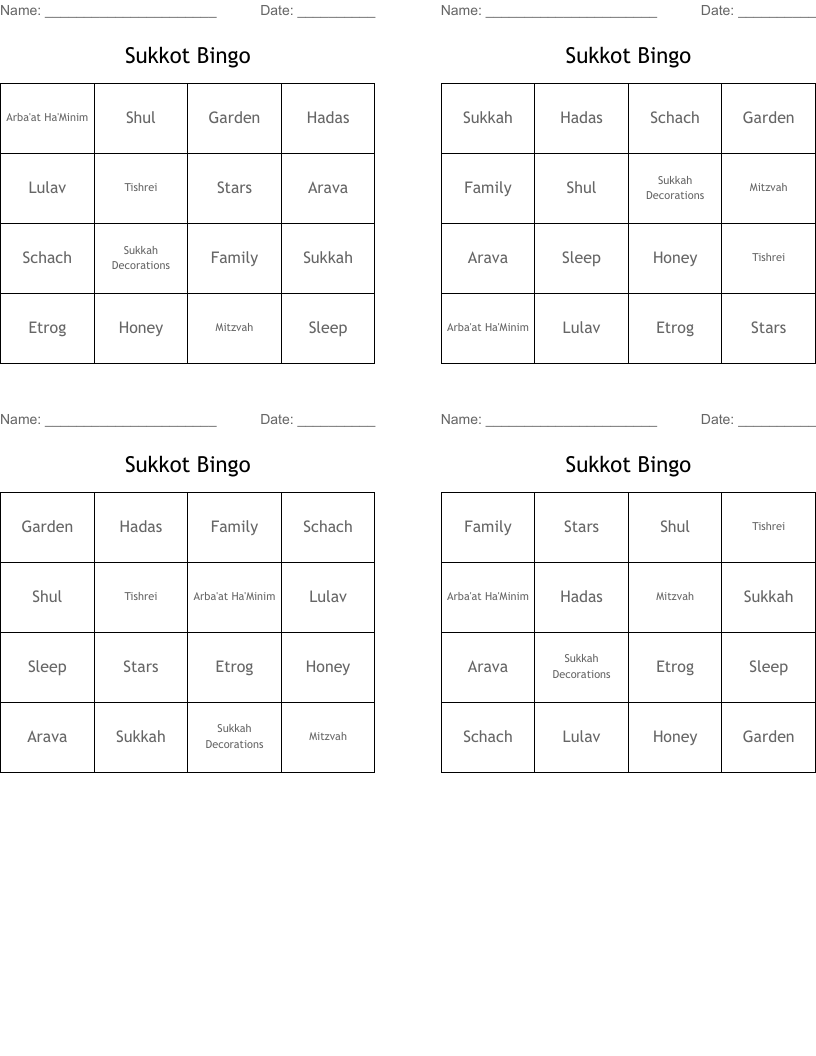 Sukkot Bingo