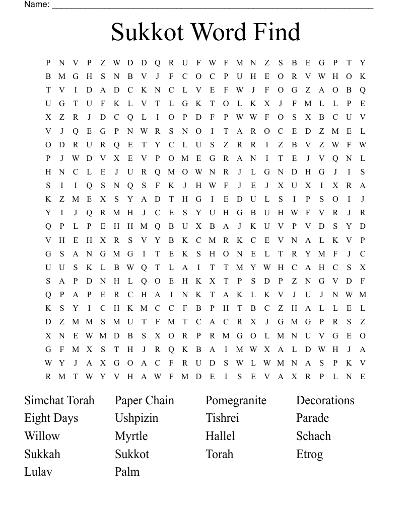 Sukkot Word Find Word Search