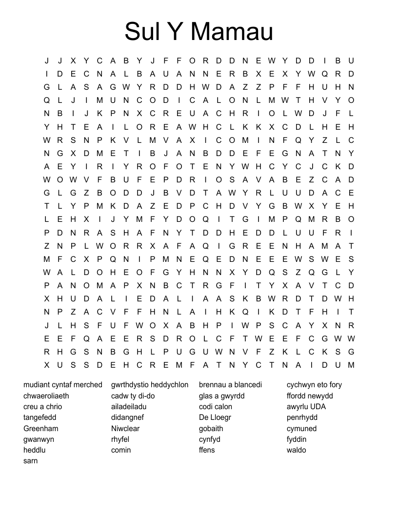 Sul Y Mamau Word Search