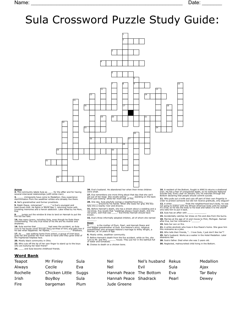 Sula Crossword Puzzle Study Guide: