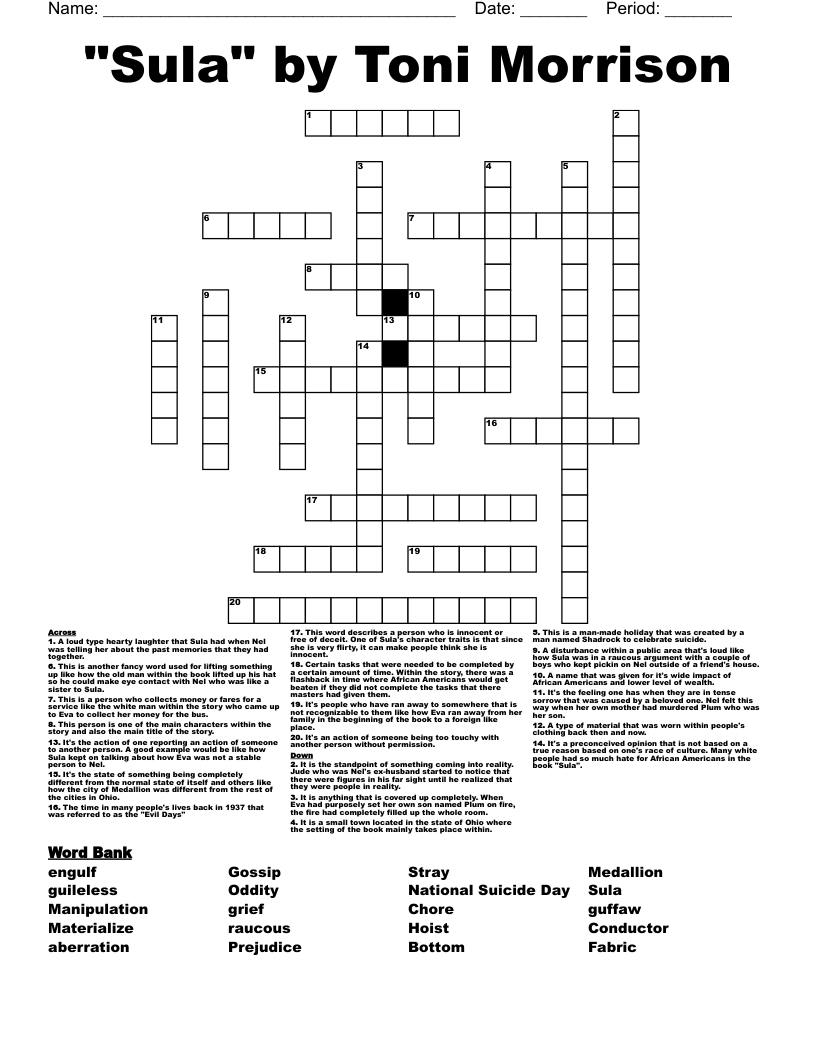 "Sula" by Toni Morrison Crossword