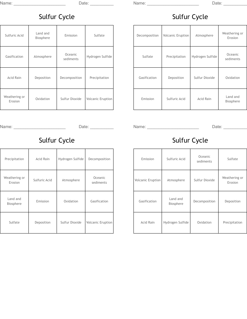 Sulfur Cycle Bingo Cards