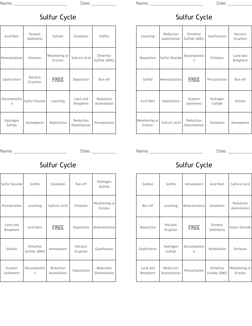 Sulfur Cycle Bingo Cards