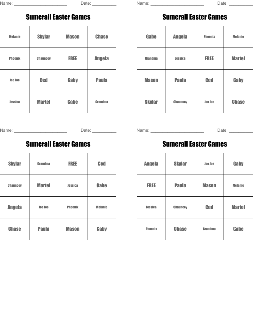 Sumerall Easter Games Bingo Cards