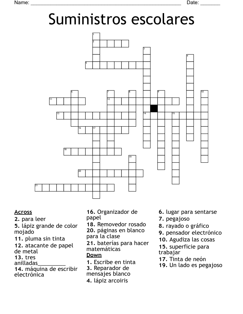 Suministros escolares Crossword