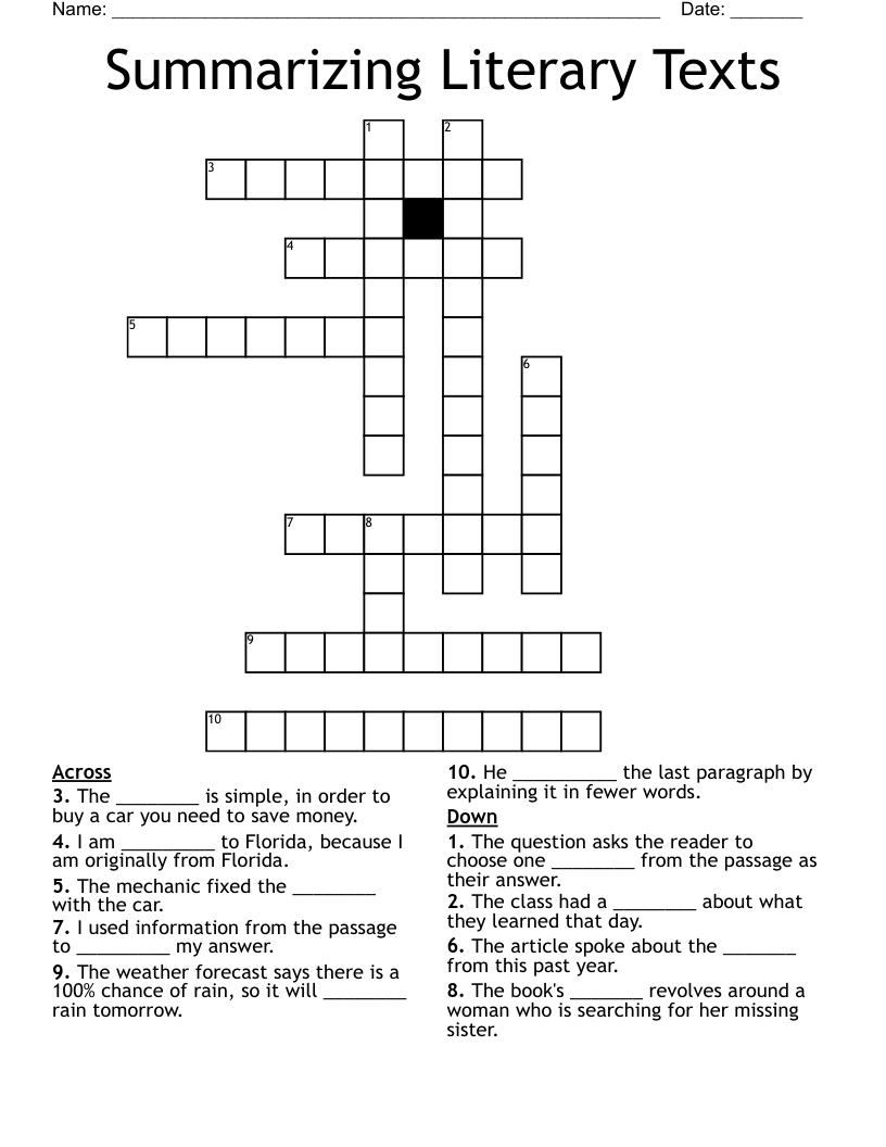Summarizing Literary Texts Crossword