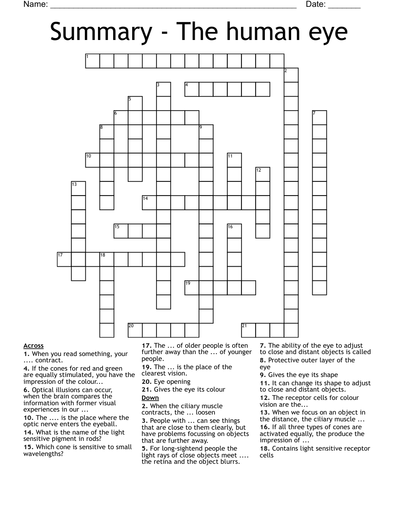 Summary - The human eye Crossword
