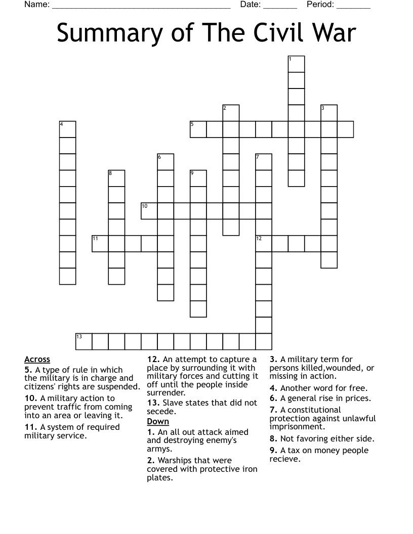 Summary of The Civil War Crossword