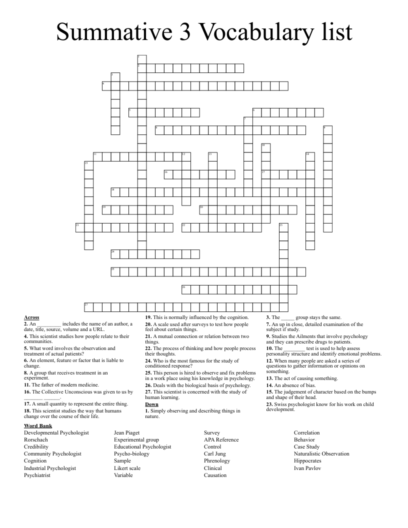 Summative 3 Vocabulary list Crossword
