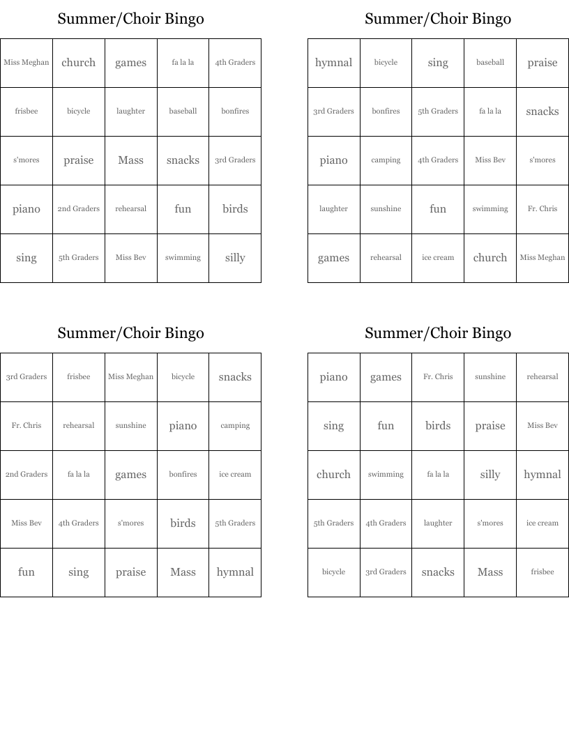 Summer/Choir Bingo