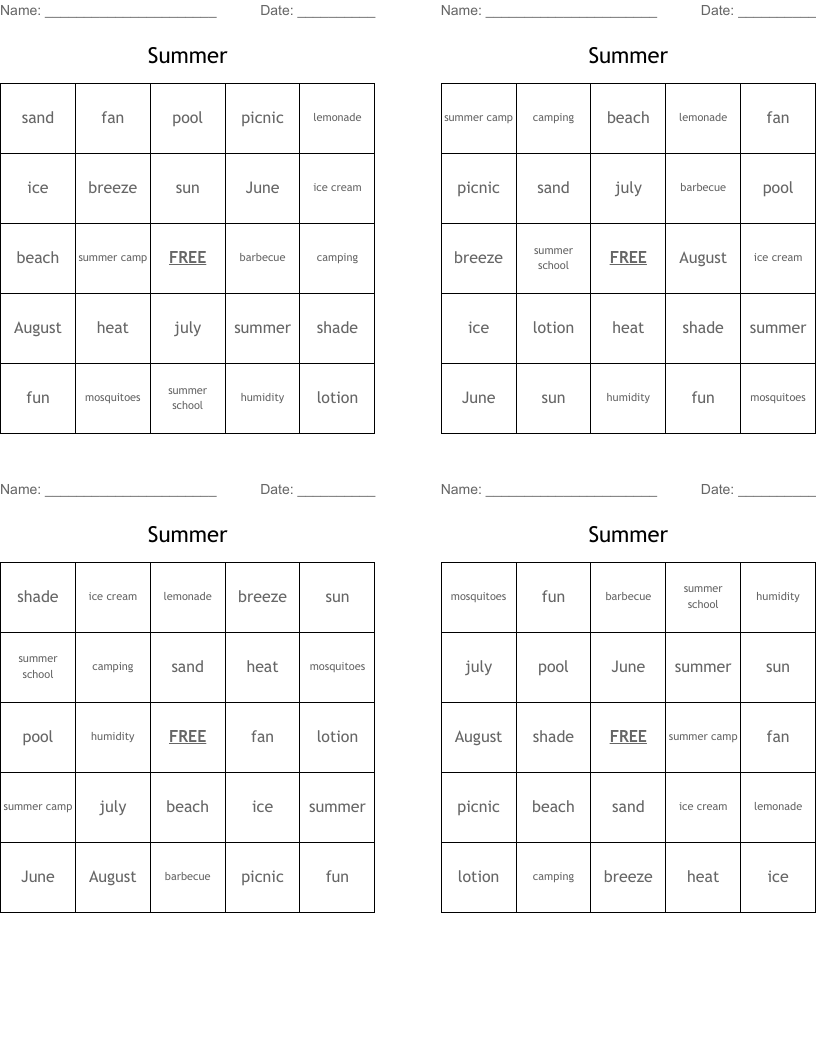 Summer Bingo Cards