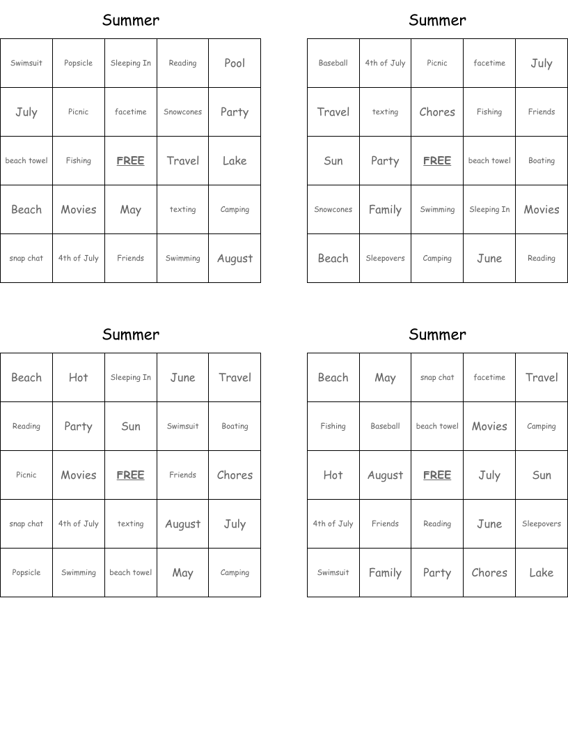 Summer Bingo Cards