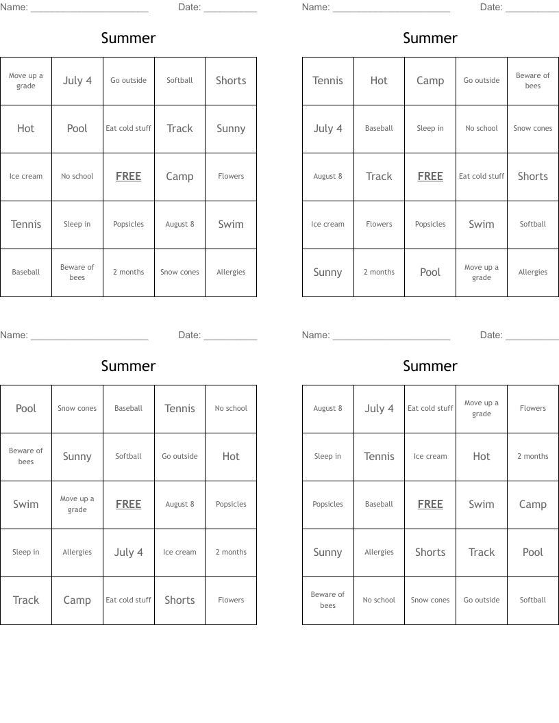 Summer Bingo Cards