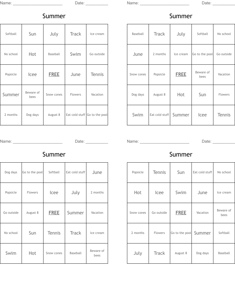 Summer Bingo Cards
